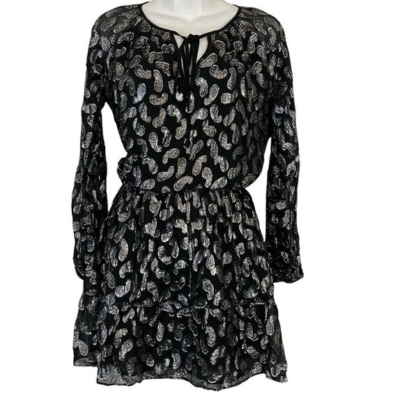 MICHAEL KORS Black Silver Paisley Long Sleeve Metallic Mini Whimsigoth Dress S - Picture 1 of 16
